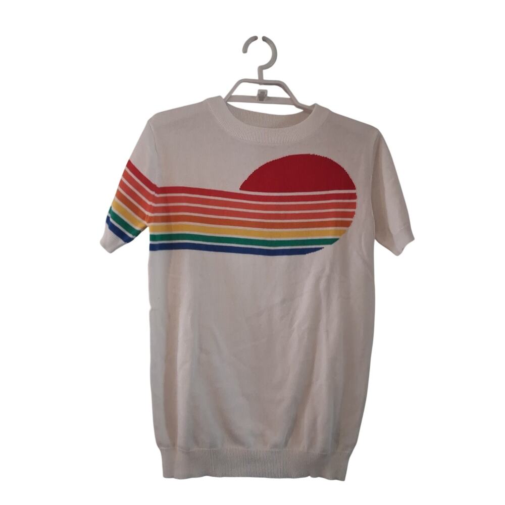 Oxknit nwt retro sweater womens Small short sleeved rainbow sunrise